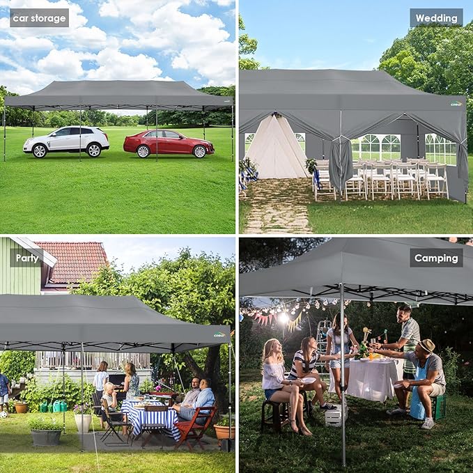 COBIZI 10x30 Heavy Duty Pop up Canopy with 8 sidewalls Stable Wedding Outdoor Tents for Parties Canopy Pop Up Party Tent UPF 50+ Waterproof Commercial Gazebo with Roller Bag, Gray(Windproof Upgraded)