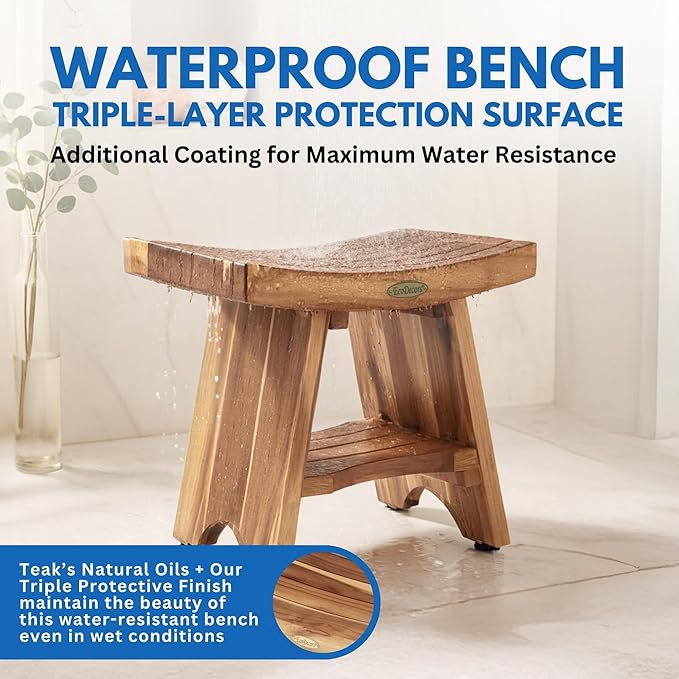 EcoDecors Teak Shower Bench 18", 300 lb Capacity – Waterproof Wood Bath Seat with Shelf, Spa Seating for Adults – Compact Fit for Small Bathrooms & Walk-in Showers – Slip-Resistant Feet