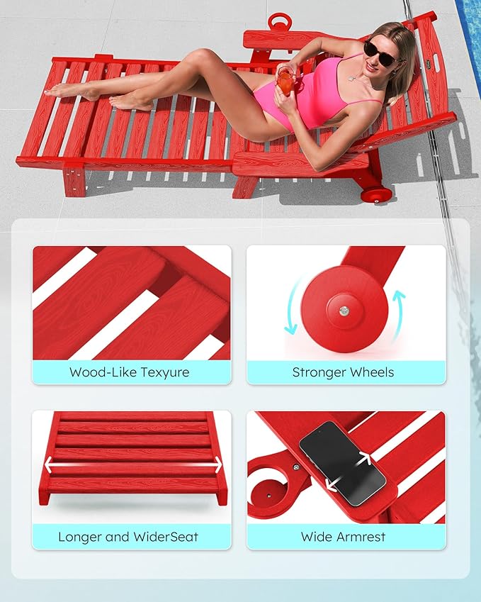 Chaise Lounge Chair Outdoor with Wheels, Oversize Patio Lounge Chairs with Wood Texture, 5-Position Plastic Lounge Chairs Set of 4-Red(Separate Delivery)
