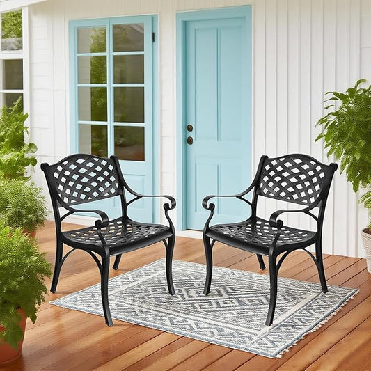 Cast Aluminum Patio Chairs Set of 2,Outdoor Bistro Dining Chair with Armrests,Metal 2 Piece Patio Bistro Chair with Adjustable Feet, Wrought Iron Outside Patio Furniture for Garden,Black