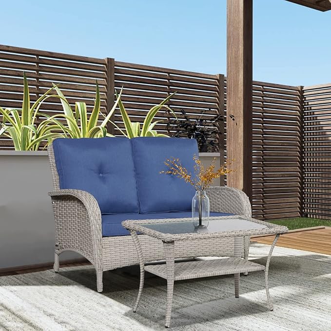 Belord Patio Wicker Furniture with Swivel Rocker Chairs Loveseat, 5 Piece Rattan Furniture Outdoor Swivel Rocking Chairs and Table Set for Patio Deck Porch Backyard