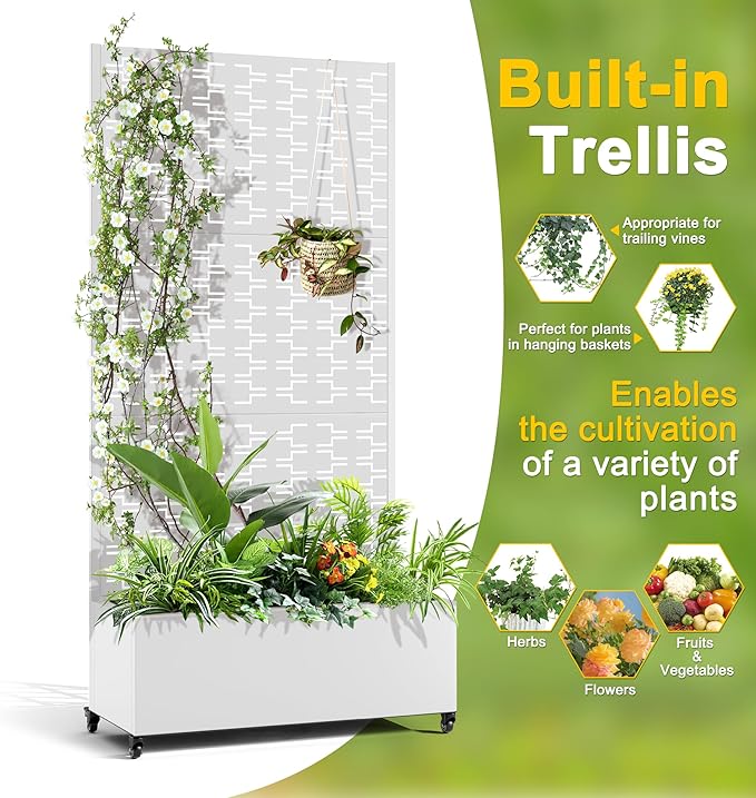 FENCY Metal Raised Garden Bed with Wheels and Trellis,73"x35"x16" Planter Box for Climbing Plants, Vegetables & Vines, Features Privacy Screen and Drainage Holes (White-Brick)