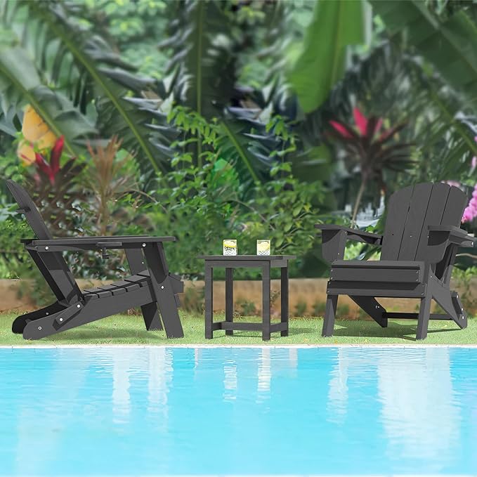 LOUNZY Folding Adirondack Chair Set of 2, HDPE All-Weather Folding Patio Chair with Cup Holders, Outdoor Patio Adirondack Chair for Deck Lawn Fire Pit, Gray