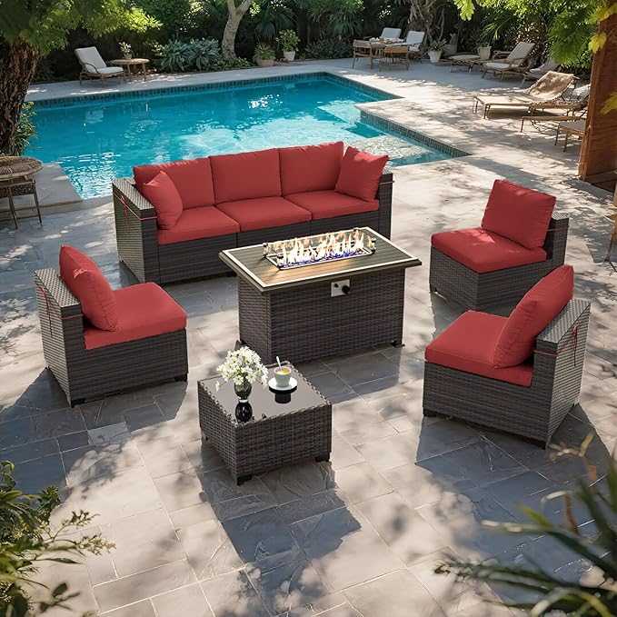 ALAULM Patio Furniture Set with Fire Pit Table 55000 BTU, Outdoor Sectional with Wide Seat and Thick Cushion, 8 Piece Wicker Rattan Conversation Set with Coffee Table for Garden, Deck, Red