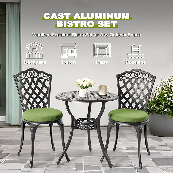 NUU GARDEN 3-Piece Patio Bistro Set Outdoor Cast Aluminum Bistro Table and Chairs Set of 2, Outdoor Patio Bistro Set with Umbrella Hole and Green Cushions for Porch, Garden, Black