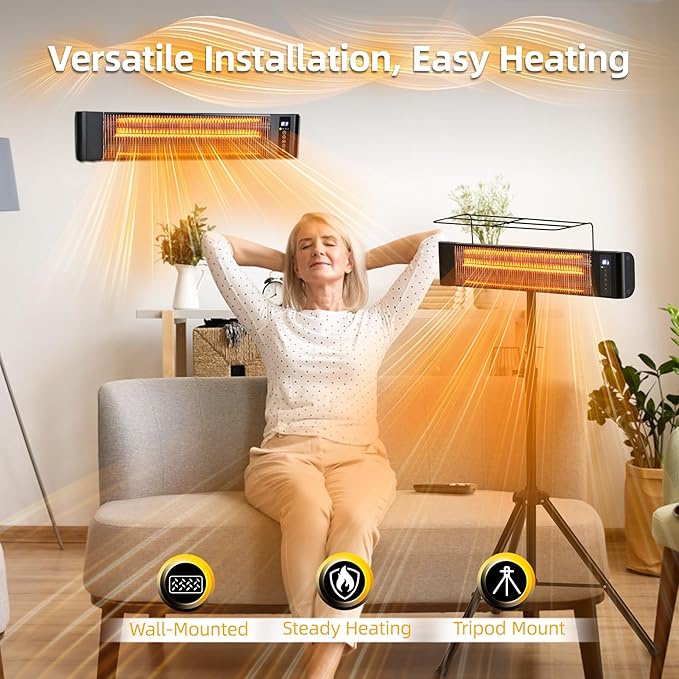Electric Patio Heater 1500W Outdoor Portable Heaters for patio RealSmart Infrared Outdoor/Indoor Space Heater 3 Heat Modes Wall Mounted Tripod Heater IP65 TUV Certification for Garage Greenhouse