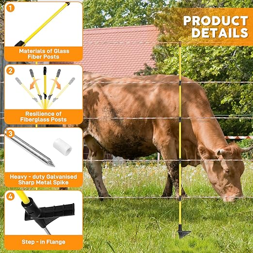 48 Inch/4 FT Fiberglass Step-in Electric Fence Posts – 5 Clips, Holds Wire, Poly Tape, and Poly Rope, Livestock Control | Lightweight, Anti-Rotation