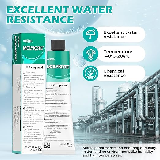 Molykote 111 Compound 150g 5.3oz, General Purpose O-Ring and Valve Lubricant Electrical Damping Medium Anti-Adhesion and Sealing Water Resistance Wide Temperature NLGI Grade 3-4 Translucent White