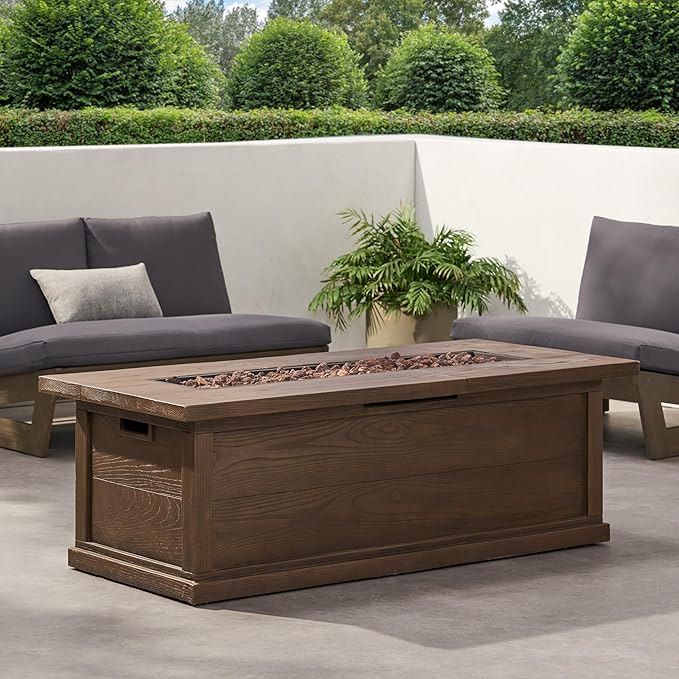 Propane Fire Pit Table, 56" MGO Firepits for Outside, Rectangular Gas Fire Pit for Outside Patio, Propane Fire Table with Rain Cover for Deck, Backyard, 50,000BTU, Tank Not Included, Brown