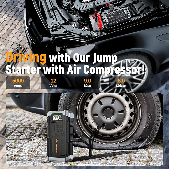 5000A Jump Starter with Air Compressor, Battery Jumper Starter car Battery Jump Starter povasee Portable Jump Starter (Up 9L Gas/8L Diesel Engine