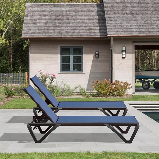 Domi Outdoor Lounge Chair Set of 2, Aluminum Patio Chaise Lounge with 5 Position Adjustable Backrest and Wheels, All Weather Reclining Chair for Patio, Navy Blue