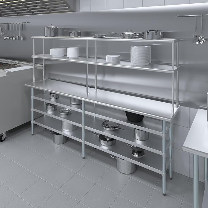 Amgood 18" x 96" Stainless Steel Work Table with 3 Shelves and 12" Wide Double Tier Overshelf | Metal Kitchen Prep Table & Shelving Combo | NSF
