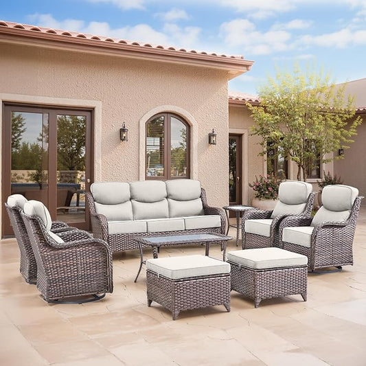 Swivel Patio Chairs sofa Set of 9 with 6" Thick Cushion - Wicker Outdoor Swivel Rocker Patio Chair ,Sofa/Glass coffee table, High Back Comfortable Outdoor Glider Chairs -Brown Wicker | Beige Cushions