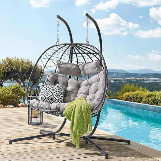 Patiorama 2 Person Double Egg Swing Chair with Stand Indoor Outdoor, Patio Wicker Rattan Hanging Egg Chair w/Cushion, Pillow, Foldable Hammock Chair 550lbs for Bedroom, Balcony, Garden (Light Grey)