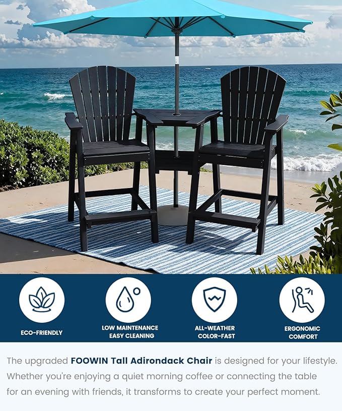 FOOWIN Tall Adirondack Chair Set of 2, All Weather HDPE Bar Height Adirondack Chair with Double Connecting Trays, Adirondack Barstools for Balcony, Deck, Backyard, Patio, Garden Black