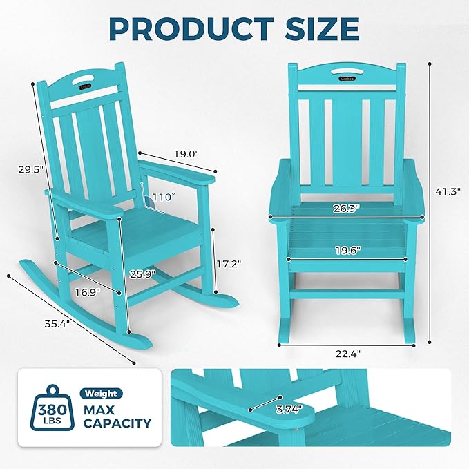 Ciokea Oversized Outdoor Rocking Chairs Set of 2, HDPE Porch Rocking Chairs for Outside, All-Weather Comfortable Patio Rockers for Front Deck Balcony, Lake Blue