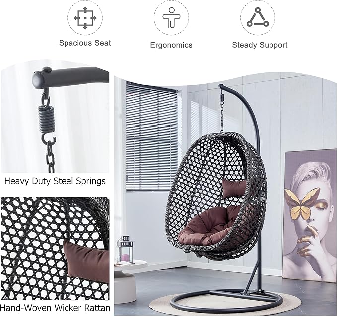 Hanging Egg Chair with Stand, Egg Swing Chair with Stand Indoor Outdoor, Black Wicker Swing Egg Chair for Adults, Hammock Chair with Comfortable Cushion and Stable Round Metal Base for Bedroom Patio