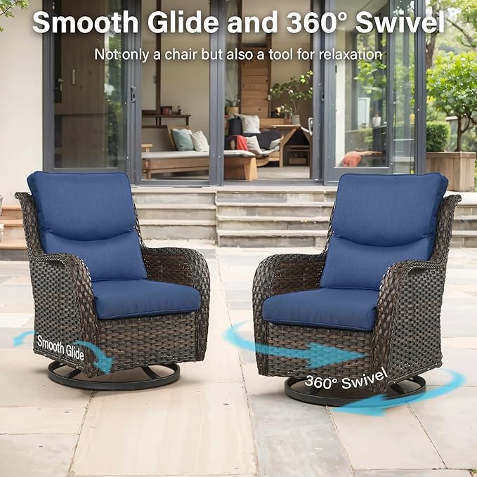 Outdoor Swivel Rocker Patio Chairs Set of 4 with Coffee Table - 5" Thick Cushion 8 Piece Furniture Set All Weather Comfortable Wicker Conversation Set for Porch Deck - Brown/Blue