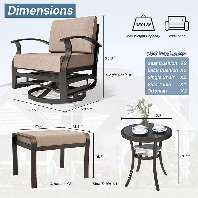 Kurapika 5 Pieces Patio Furniture Set, Outdoor Aluminum Swivel Gliders Rocker, Patio Bistro Set Rocking Chair with Tempered Glass Side Table and Thickened Cushions(Sand)