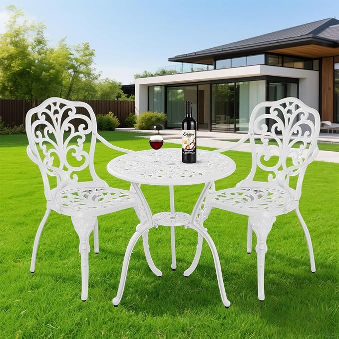 3 Piece Bistro Table Set,Outdoor Cast Aluminum Bistro Patio Table and Chair Set with 1.97" Umbrella Hole,All Weather Outdoor Dining Set for Garde,Porch,Balcony(White)
