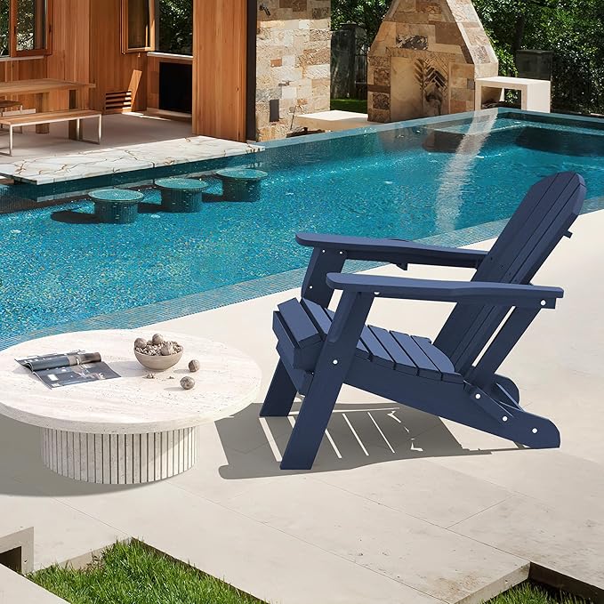 LOUNZY Folding Adirondack Chairs Set of 2, HDPE All-Weather Folding Adirondack Chair with Cup Holders, Outdoor Patio Adirondack Chair for Deck Lawn Fire Pit, Navy