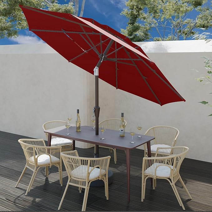 9FT 3 Tiers Patio Umbrella With Auto Tilt and Crank, Outdoor Table Market Umbrella with 8 Sturdy Ribs for Garden,Lawn,Deck,Backyard and Pool,Red