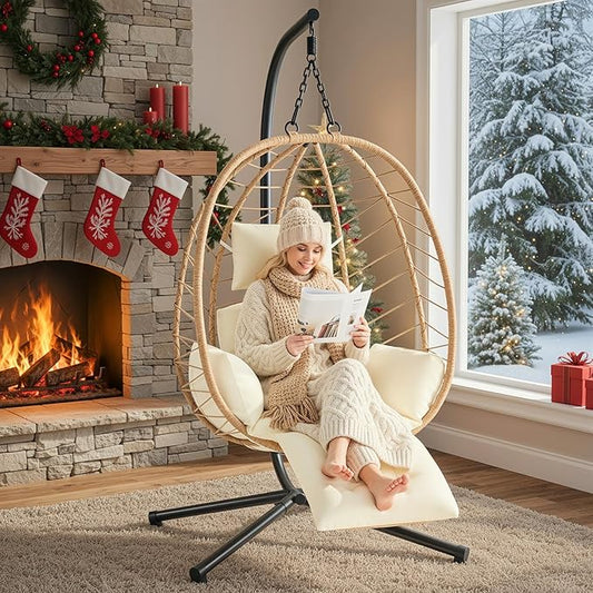 ONBRILL Hanging Egg Chair with Adjustable Footrest & Stand, Wicker Rattan Swing Hammock Chair with Cushion & Double Chains, 350LBS Capacity for Outdoor & Indoor Patio, Deck, Bedroom, Balcony (YE-BE)