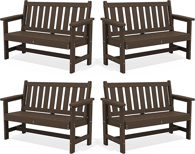 SERWALL Outdoor Bench, HDPE Outdoor Benches Weatherproof, 2-Person Garden Bench with 660 lbs Weight Capacity, Patio Benches for Outdoors, Garden, Porch, Backyard and Park, Coffee, 4 Pack