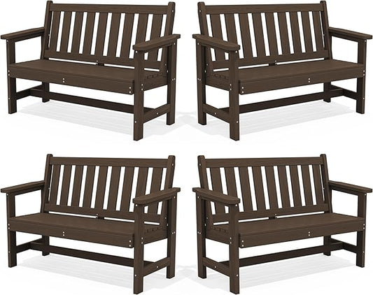SERWALL Outdoor Bench, HDPE Outdoor Benches Weatherproof, 2-Person Garden Bench with 660 lbs Weight Capacity, Patio Benches for Outdoors, Garden, Porch, Backyard and Park, Coffee, 4 Pack