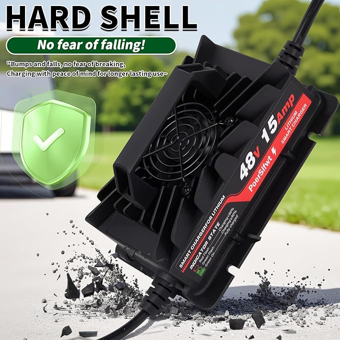 58.4V 15A Lithium Battery Charger for 48V Lifepo4 Battery Packs with Waterproof M8 Connector, LED Indicator, 6 Protections, Fast Charging, for Forklift & Solar Storage