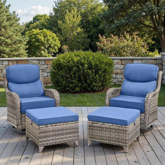Swivel Patio Chairs Sofa Set of 4 with 6" Thick Cushion - Wicker Outdoor Swivel Rocker Patio Chair with Side Table, High Back Comfortable Outdoor Glider Chairs - Grey Wicker | Blue Cushions