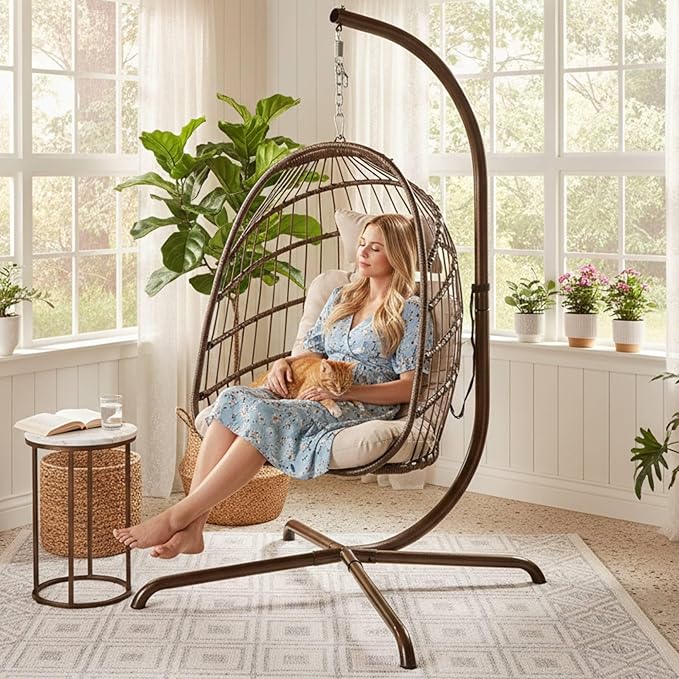 RADIATA Modern Hanging Egg Chair with Stand, Outdoor Wicker Swing Hammock Chair with Padded Cushion, 350Lbs Free-Standing Eggshell Basket Seat for Garden Patio Balcony Indoor Reading Nook, Brown