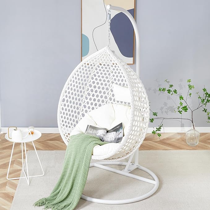 Hanging Egg Chair with Stand, Egg Swing Chair with Stand Indoor Outdoor, White Wicker Swing Egg Chair for Adults, Hammock Chair with Comfortable Cushion and Stable Round Metal Base for Bedroom Patio