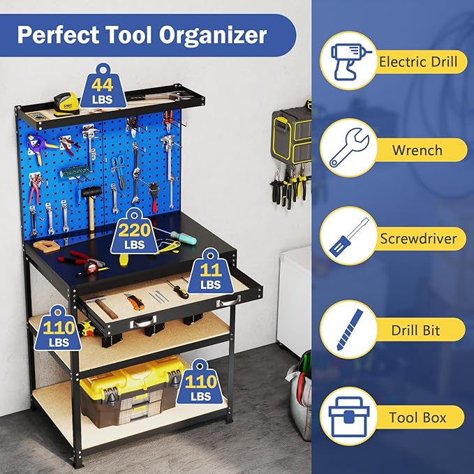 Goplus Workbench with Drawer, 32" x 16" Heavy-Duty Work Table with 2 PCS Pegboard & 4 Shelves, 19 Hanging Hooks, 495LBS Capacity, Metal Tool Storage Work Bench for Garage, Workshop, Home