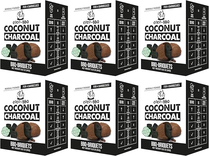 Coconut Charcoal BBQ Briquettes | Organic, Long-Burn, High Heat, Low Ash, No Sparks | Perfect for Christmas & Winter Grilling, Cookouts, Smokers & Roasting | Even Burn & Mild Flavor - 6PACK