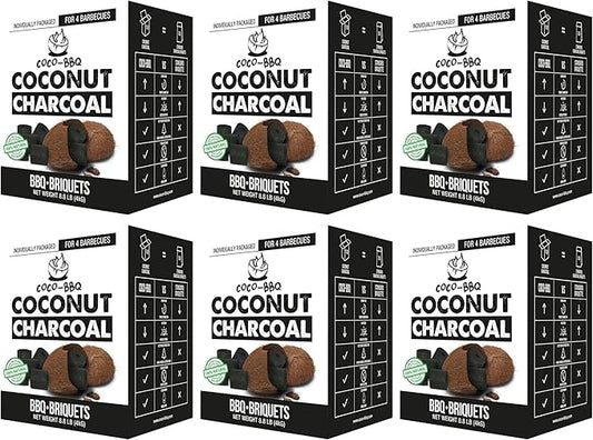 Coconut Charcoal BBQ Briquettes | Organic, Long-Burn, High Heat, Low Ash, No Sparks | Perfect for Christmas & Winter Grilling, Cookouts, Smokers & Roasting | Even Burn & Mild Flavor - 6PACK