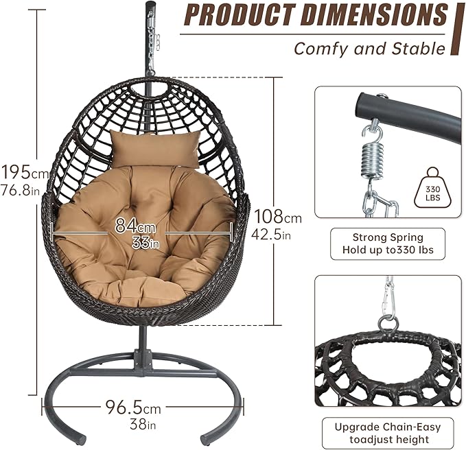Hanging Egg Chair Hammock Chair with Stand Wicker Rattan Chairs for Indoor Outdoor Patio Bedroom Swing Chair with Steel Frame and Soft Cushion