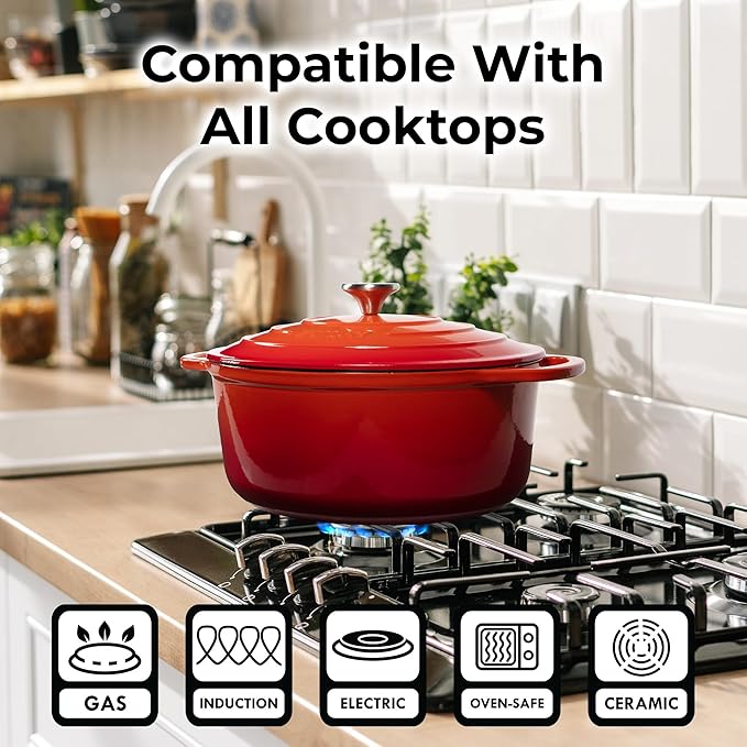 Zulay Kitchen 6 Quart Enameled Cast Iron Dutch Oven Pot with Lid – Premium Durability & Oven Safe up to 500°F – Heavy Duty Cookware Perfect for Bread Baking, Stews, Braising & Roasting – Orange
