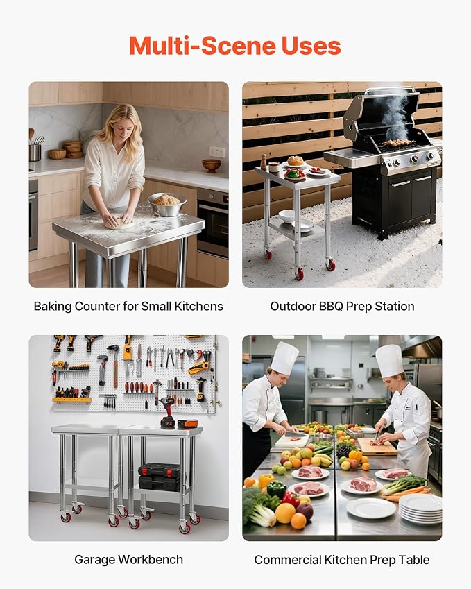VEVOR Stainless Steel Table, 24 x 18 Inches Food Prep Worktable with Wheels, Kitchen Prep Table with Adjustable Undershelf Workstations for Commercial Kitchen, Restaurant, Hotel and Garage, Outdoor