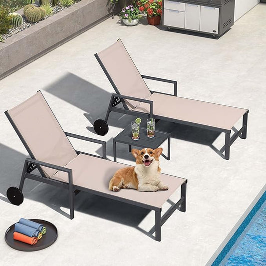 PURPLE LEAF Outdoor Chaise Lounge Set for 2 Aluminum Patio Chaise Lounger Chair with Armrest Adjustable Pool Chaise Lounge Chair for Beach Yard Poolside Table Included, Sand Beige