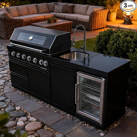 82 Inches 6-Burner 85000 BTU Deluxe Stainless Steel Propane Gas Outdoor Kitchen Bar Barbecue Island Grill, Wine Cooler Compact Refrigerator, Granite Countertops, Stainless Steel Sink, Black