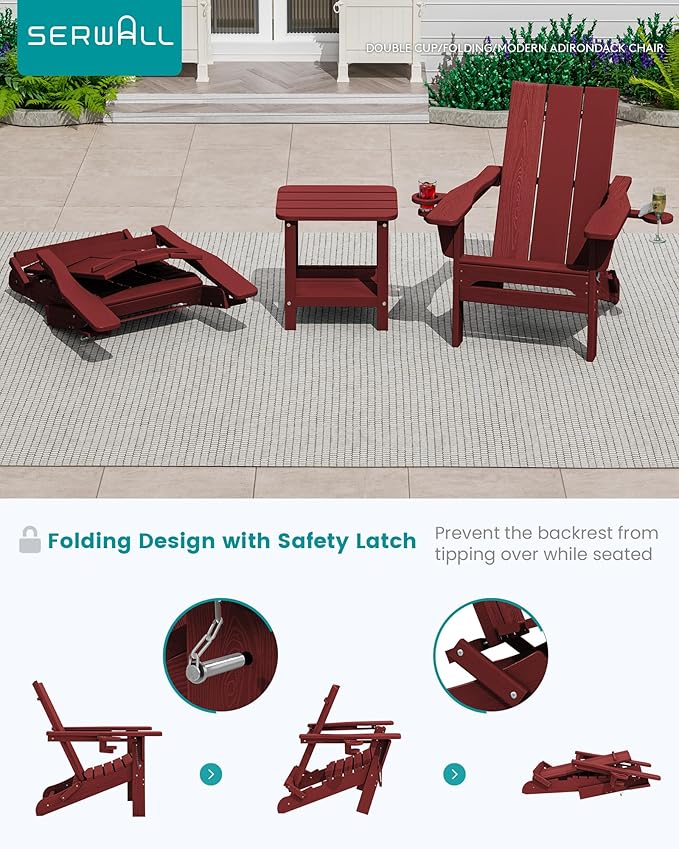 SERWALL Folding Adirondack Chair with Cup Holders, Weather Resistant HDPE Modern Adirondack Chair Set of 6, Plastic Outdoor Fire Pit Chairs, Red