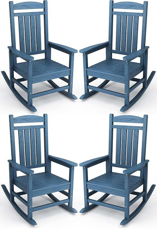 KINGYES HDPE Patio Rocking Chair Set of 4, Outdoor Rocking Chairs Porch Rocker for Adults, Navy