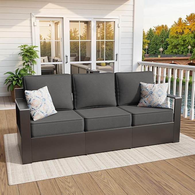 79" Aluminum Patio Sofa - All Weather Outdoor 3-Seat Sofa Couch with 6" Water-Resistant Cushions & Rectangular Framed Metal Armrest & Sofa Cover for Garden Porch (Grey)