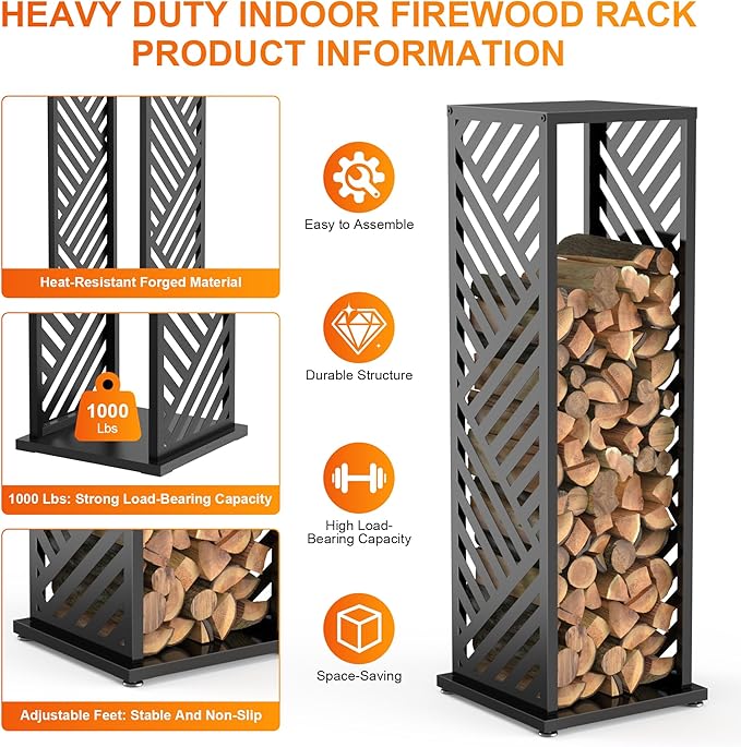 Firewood Rack, Wood Stacker Firewood Outdoor, Black Metal, 44.1 Inches, 1000 lbs Capacity, Indoor Decorative Wood Holder for Woodshed, Storeroom, Basement (Diagonalslot)