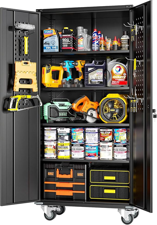 Greenvelly Metal Storage Cabinet with Wheels, Lockable 72" Black Metal Garage Cabinets with 2 Doors and 4 Adjustable Shelves, Rolling Steel Tool Cabinet for Garage, Home Office, School