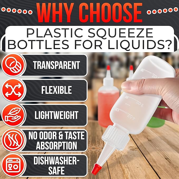 BURIUS 6-Pack 4oz Small Squeeze Bottles for Liquids – Clear Condiment Squeeze Bottles for Sauces, Ketchup, Mustard, Oil, Syrups, and Dressings with Measuring Scale – Easy-to-Use & Leak-Proof