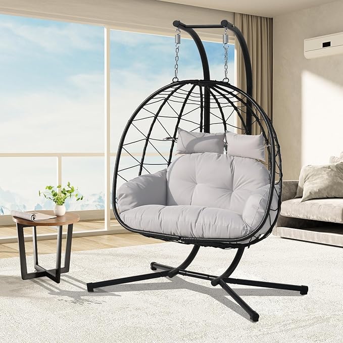 Double Hammock Egg Chair 2 Person Egg Chair Indoor Outdoor Swing with Stand Patio Wicker Hanging Chair Widened and Enlarged for Balcony Bedroom Porch Adults Kids