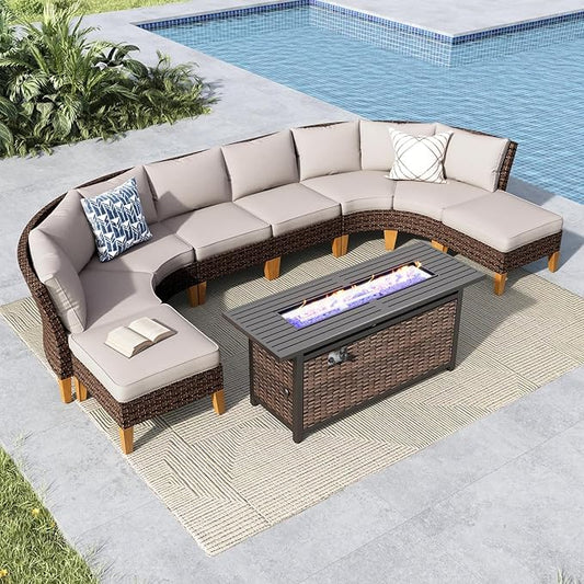 MFSTUDIO 9 Pieces Wicker Patio Furniture Set with 56" Fire Pit Table, Rattan Half-Moon Patio Conversation Set Outdoor Sectional Sofa Set, 4 x Curved Sofa, 2 x Armless Sofa, 2 x Ottoman(Beige Cushion)