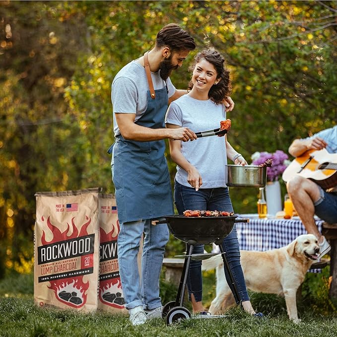 Rockwood Natural Lump Charcoal – Oak, Hickory & Cherry Hardwood Blend for Barbecue Smoking, High-Heat Grilling, & Outdoor Cooking – Clean Burning, Ideal for Kettle & Kamado Grills – 20lbs (2 Packs)